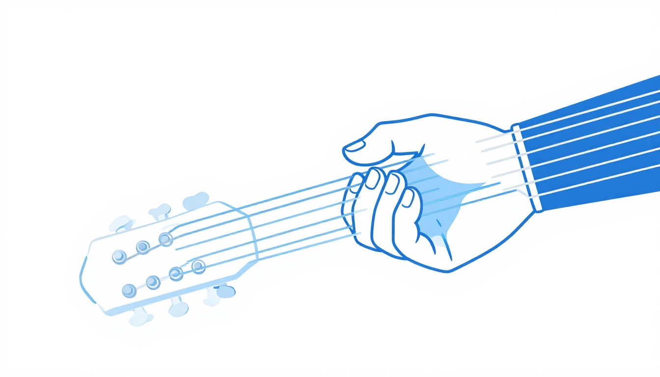 A close up of a left hand's fingertips pressed firmly against the strings near the metal fret wire on a guitar neck