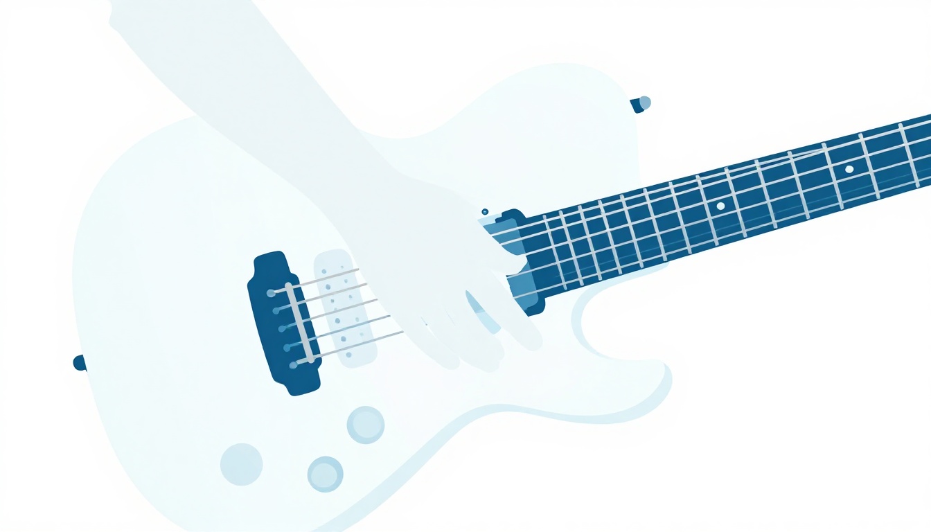 A close up of a picking hand resting near the bridge of an electric guitar with the palm muting the strings