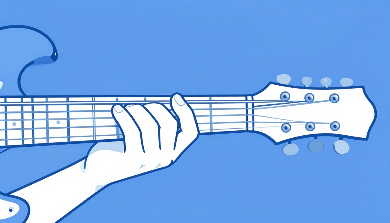 A close up of a fretting hand pressing a barre shape unevenly against an electric guitar fretboard