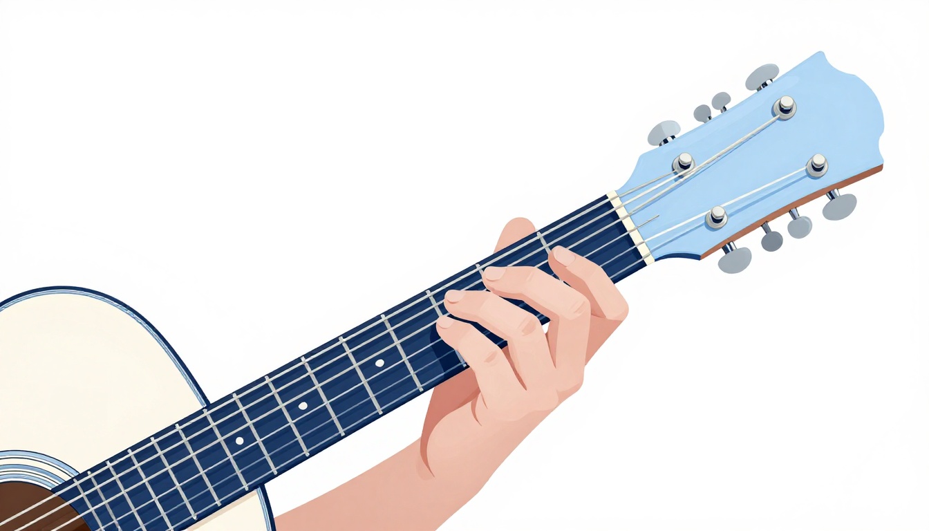 A close up of a fretting hand pressed high on a classical guitar neck near the twelfth fret