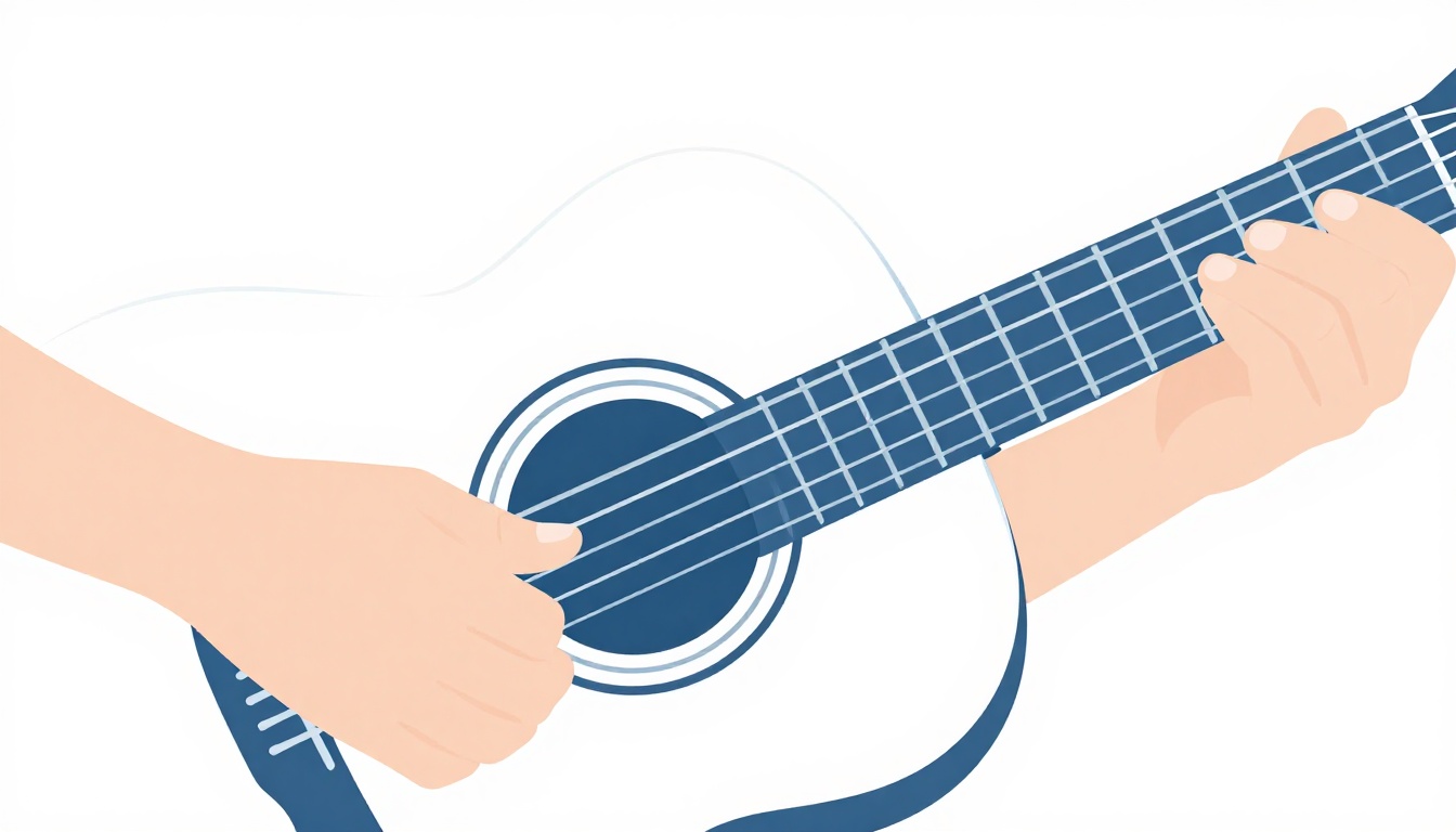A close up of a hand plucking a low bass note near the sound hole of an acoustic guitar