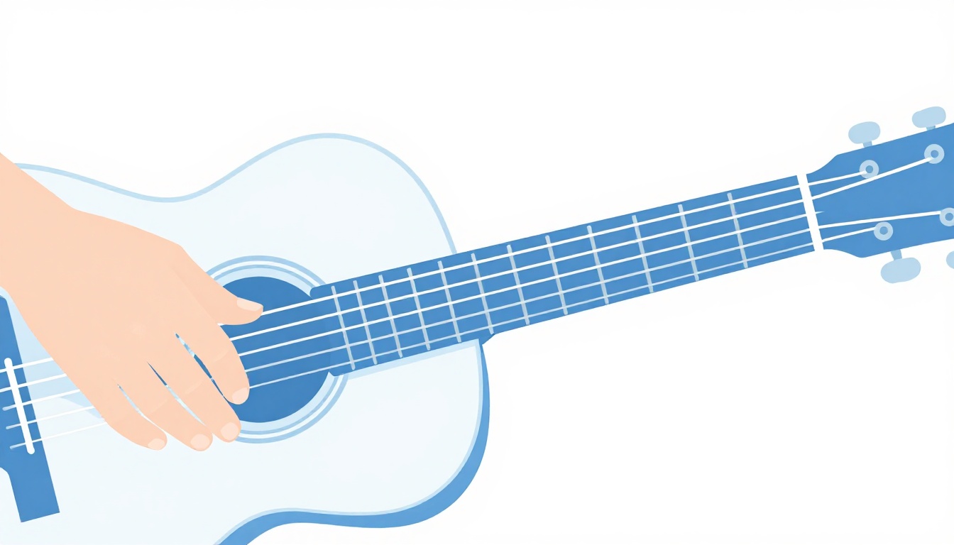 A close-up of a left hand pressing only two fingers onto the outer strings of an acoustic guitar neck near the third fret