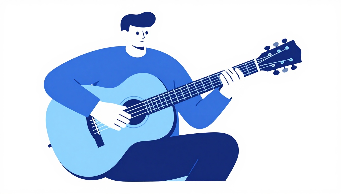 A guitarist practicing chord changes at home, one hand fretting a chord on the neck and the other hand strumming near the sound hole