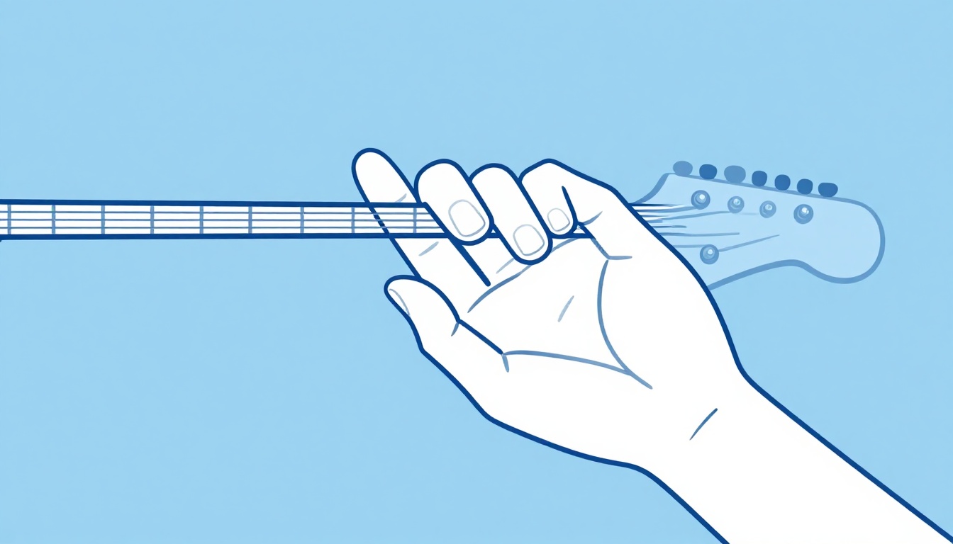 A close-up of a hand forming a barre chord with the index finger flattened across all six strings partway up an electric guitar neck