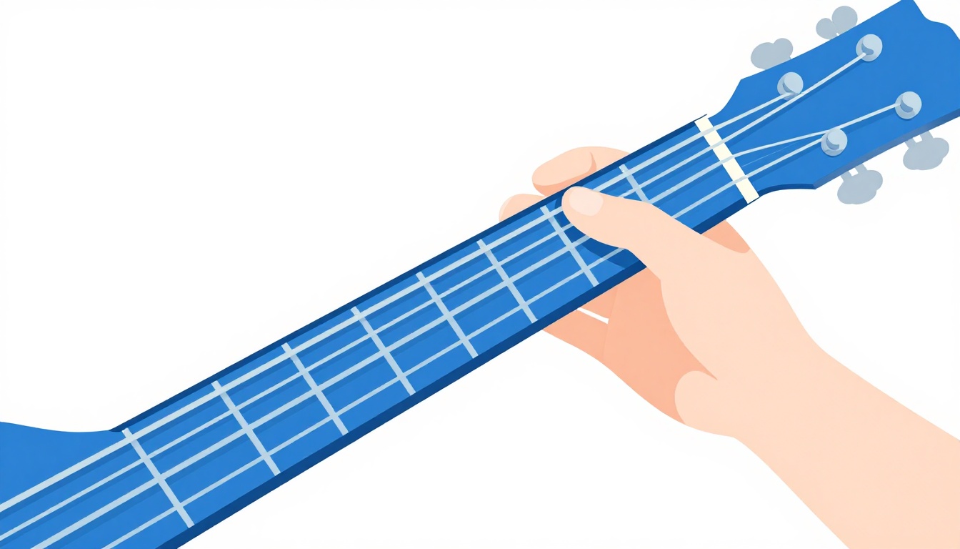 A close-up of a hand mid-motion moving between two chord shapes on an acoustic guitar neck