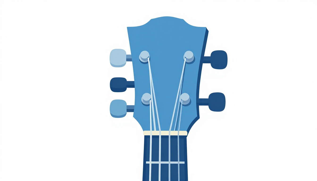 A close-up of thick wound strings on an acoustic guitar's headstock and tuning pegs