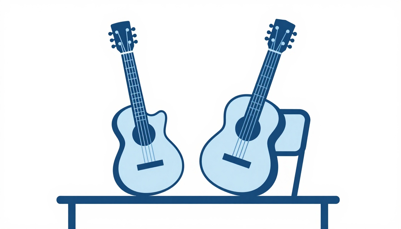 A metronome sitting on a table next to an acoustic guitar leaning against a chair