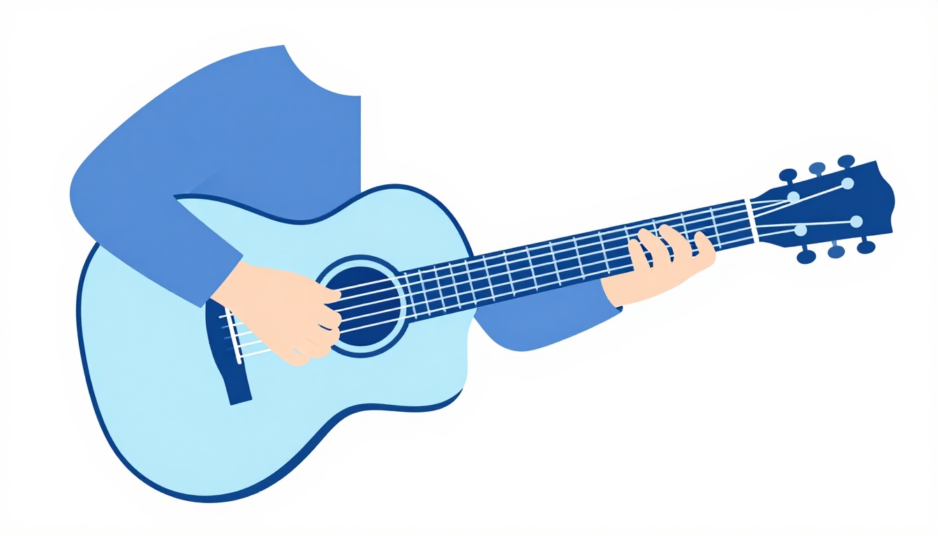 A hand strumming down across the strings of an acoustic guitar with a pick