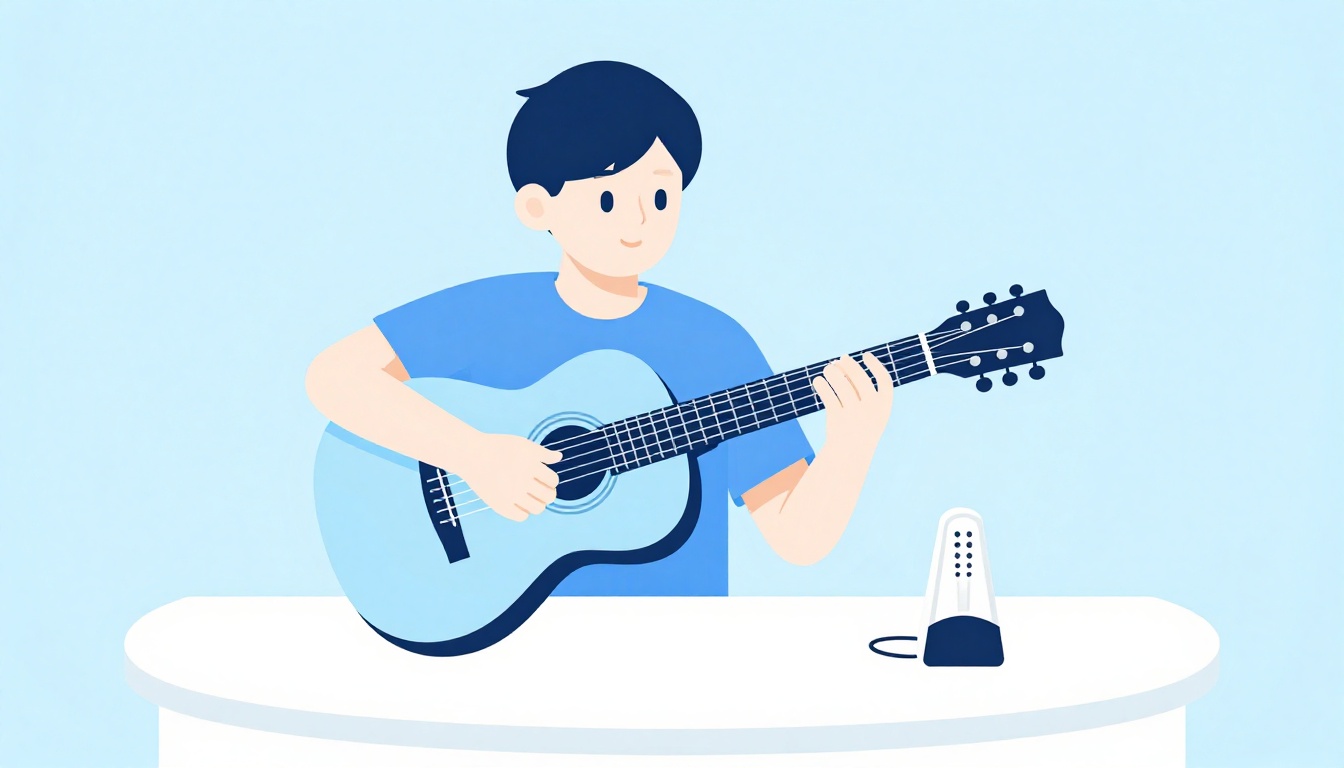 A musician practicing alone at home with an acoustic guitar and a small metronome on a table beside them