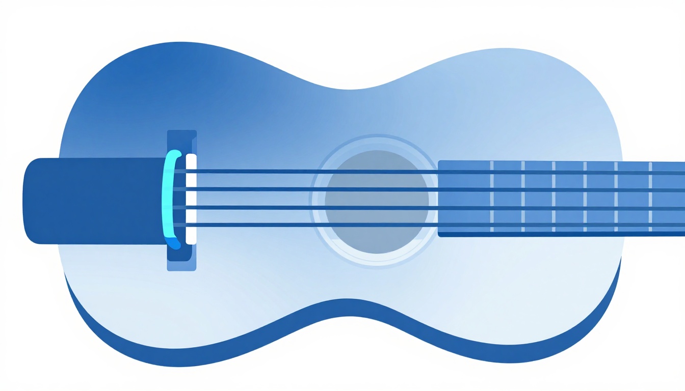 A close up of a hand squeezing open the spring-loaded arms of a trigger capo just above an acoustic guitar neck
