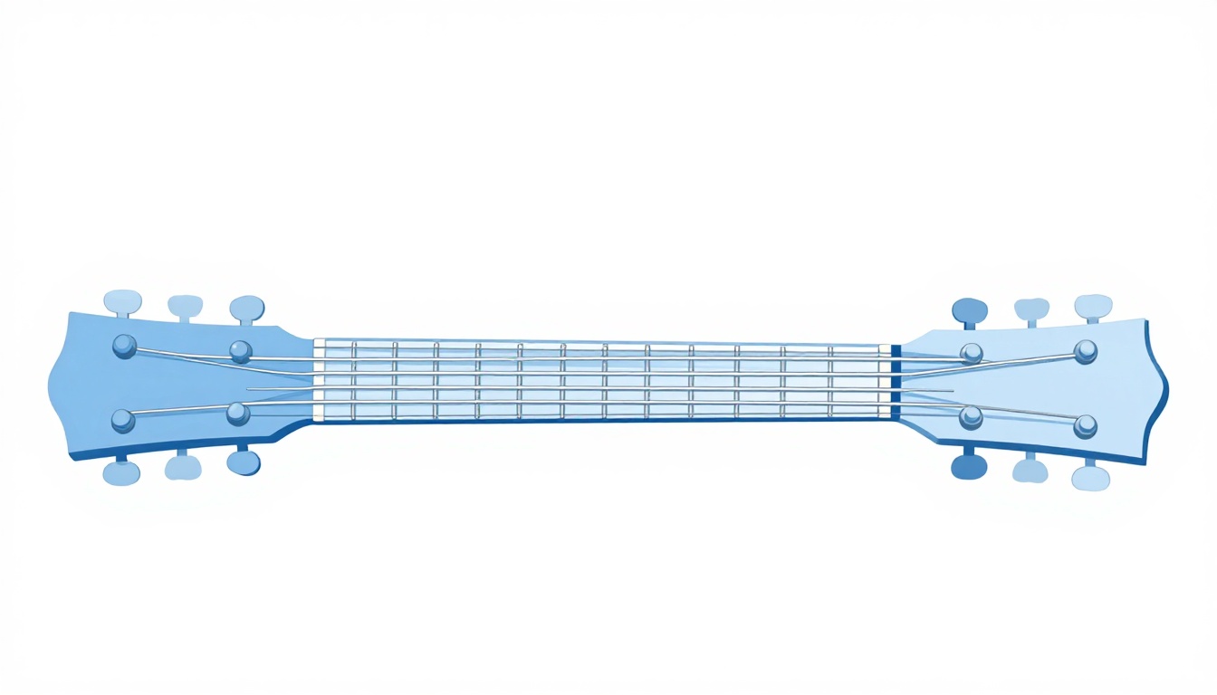An extreme close up of a capo clamped just behind a fret wire on a guitar neck with strings pressed flat against the fretboard