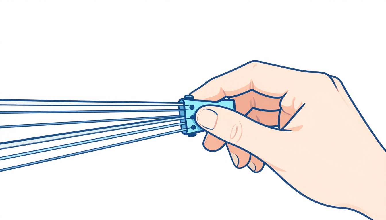 A close up of a hand tilting and adjusting a trigger capo positioned across a guitar strings near the first fret
