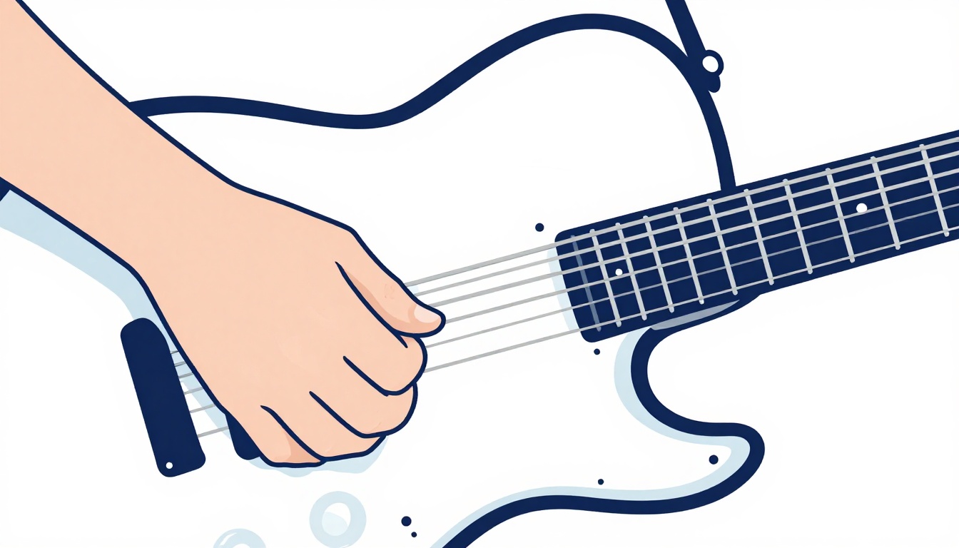 A hand sliding along the low E string high up an electric guitar neck
