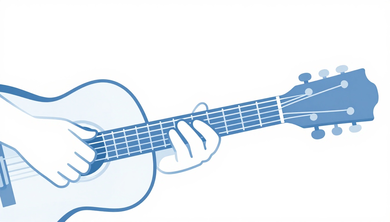 A hand fretting an open dominant chord shape on an acoustic guitar