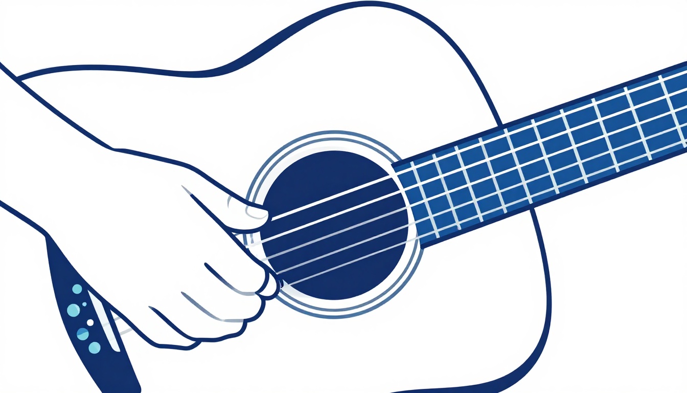 A close up of a left hand fingering a compact open chord shape near the nut of an acoustic guitar neck
