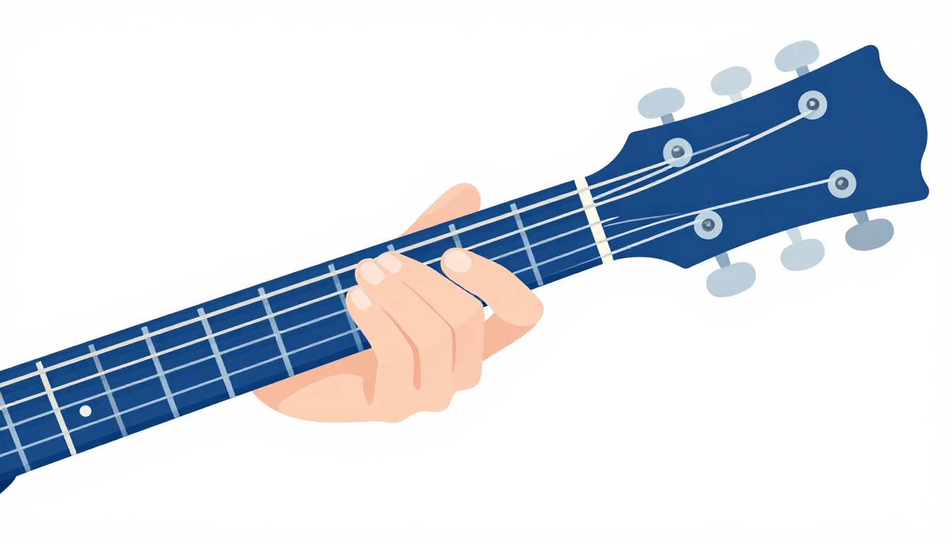 A close up of a hand mid transition between two open chord shapes on an acoustic guitar neck