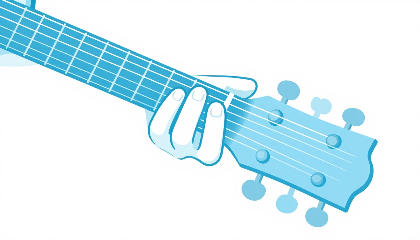 A close up of a left hand barring a chord high on an acoustic guitar neck, fingers spread across multiple strings