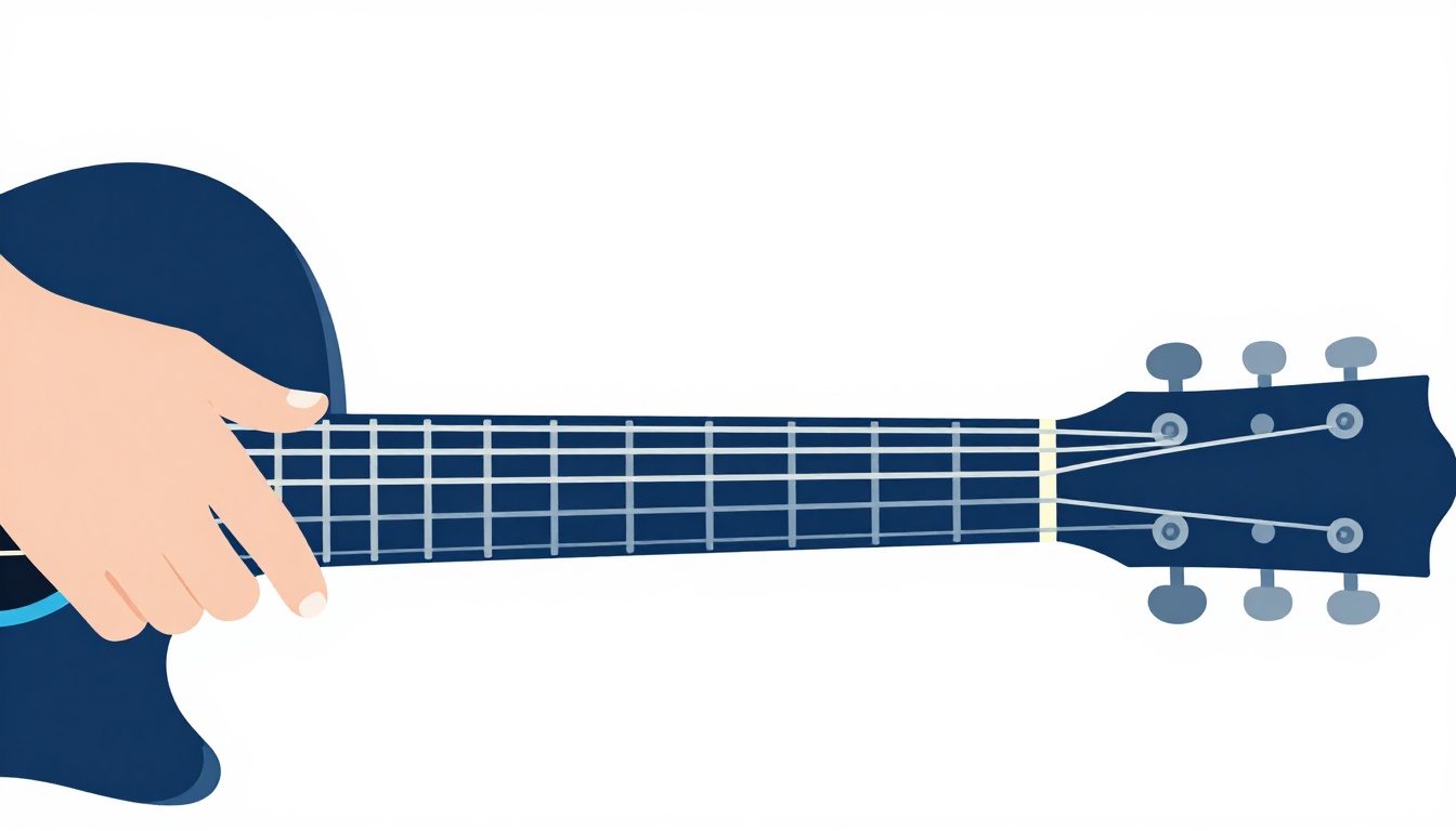 A close up of a left hand fingering an open A minor chord on an acoustic guitar neck
