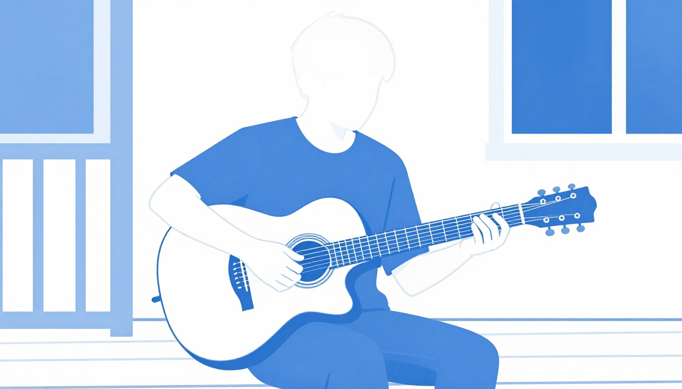 A person fingerpicking an acoustic guitar while sitting on a wooden porch at dusk