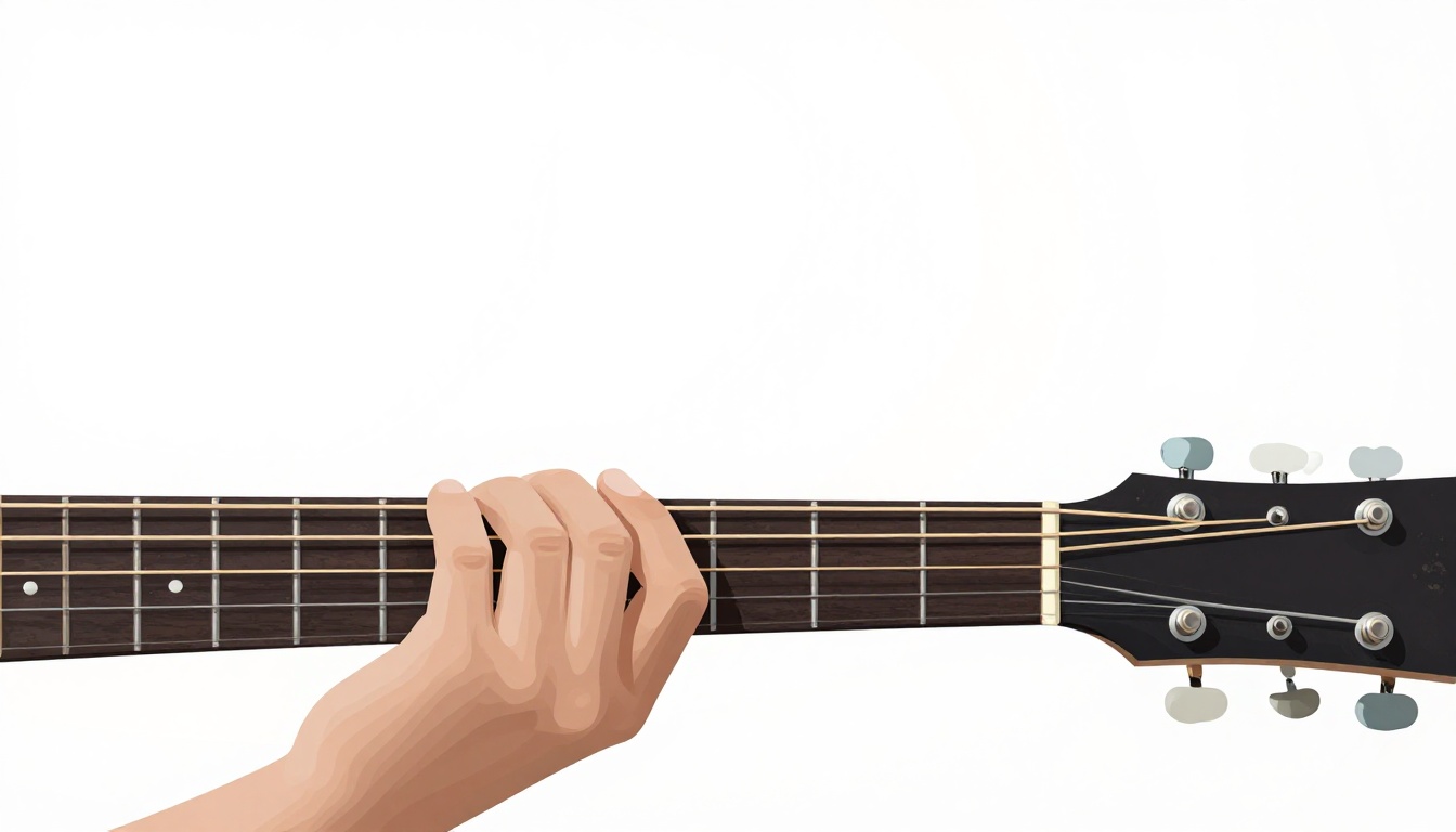 A close up of a left hand forming a barre chord across an acoustic guitar neck