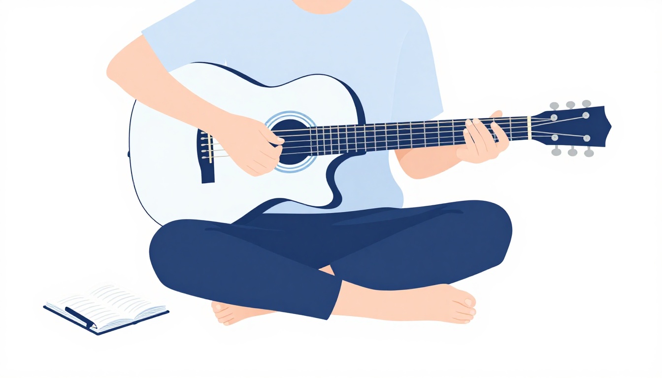 A person sitting cross-legged on the floor practicing acoustic guitar with a notebook and pen nearby