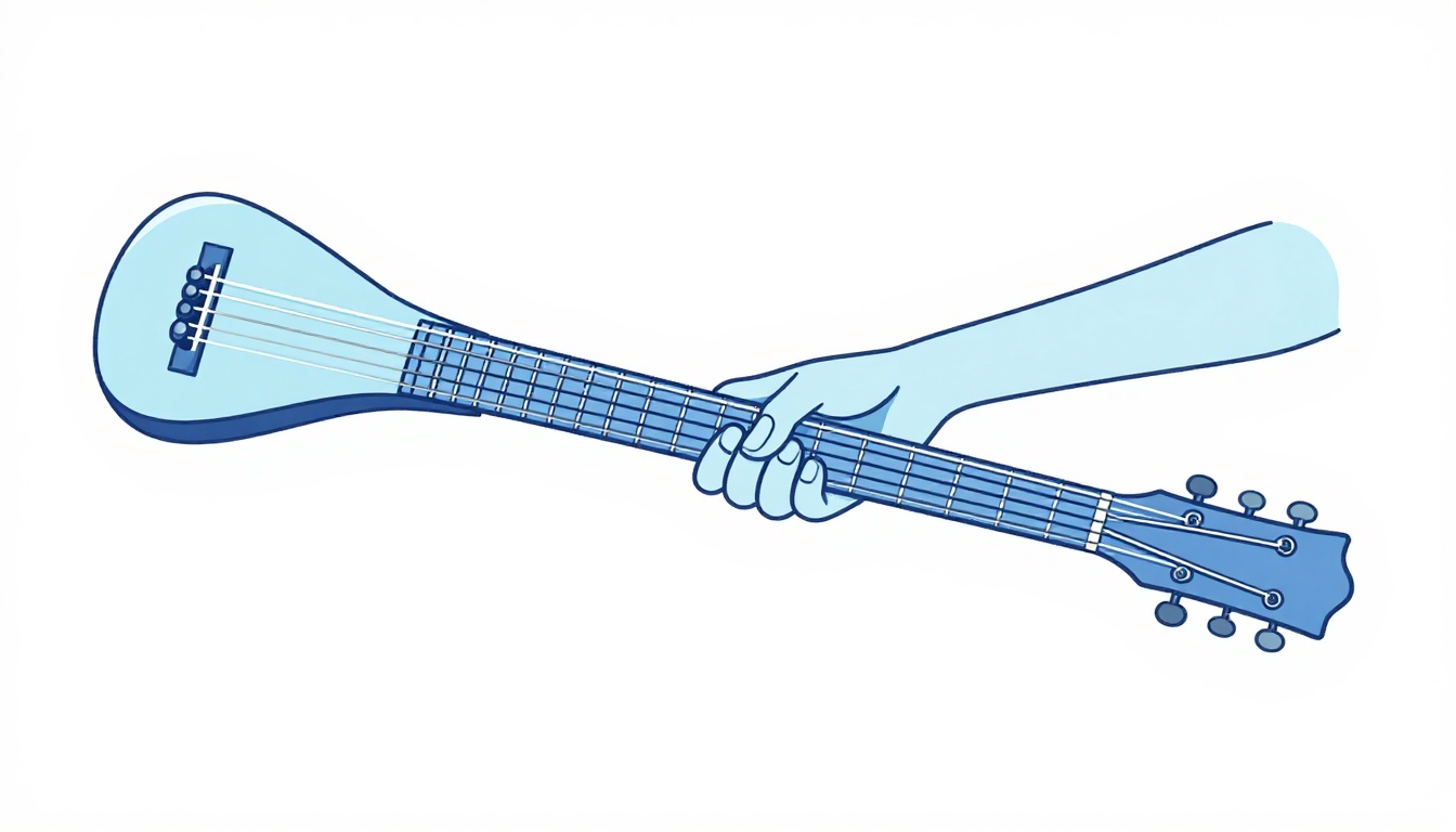A left hand forming a full barre chord low on an acoustic guitar neck