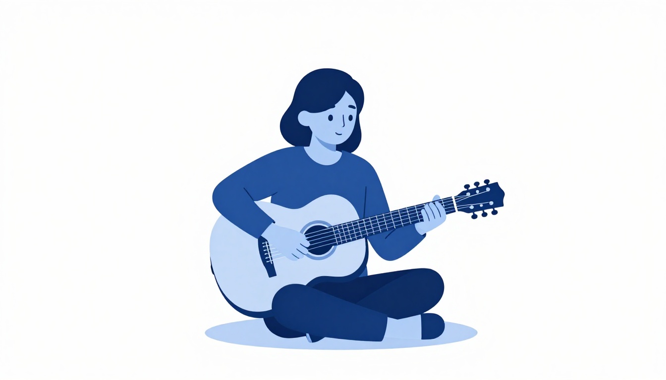 A person sitting alone indoors playing an acoustic guitar quietly in low evening light