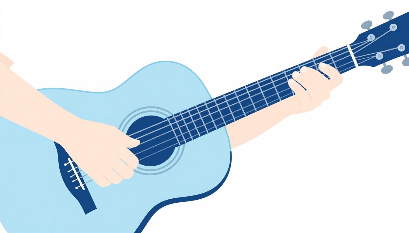 A close-up of a left hand fingering a jazzy chord shape high on an acoustic guitar neck near the second fret