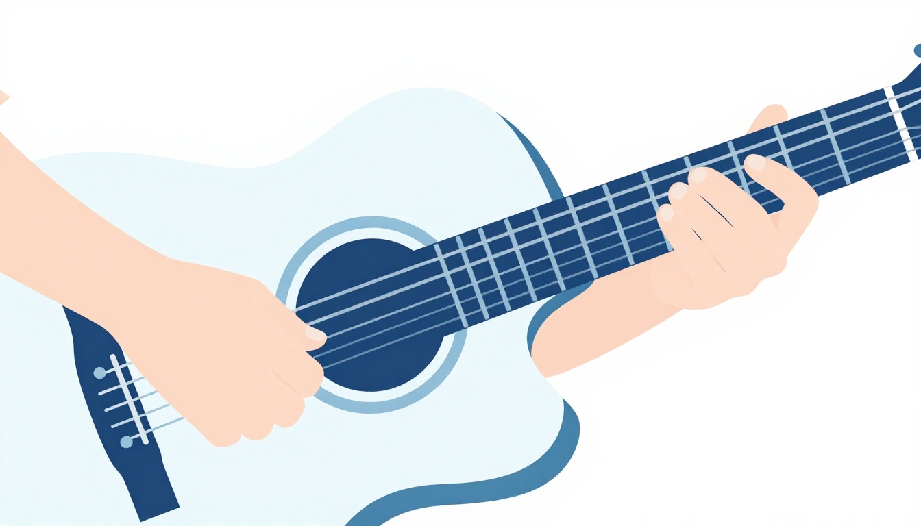 A close-up of a right hand strumming an acoustic guitar with a pick near the soundhole