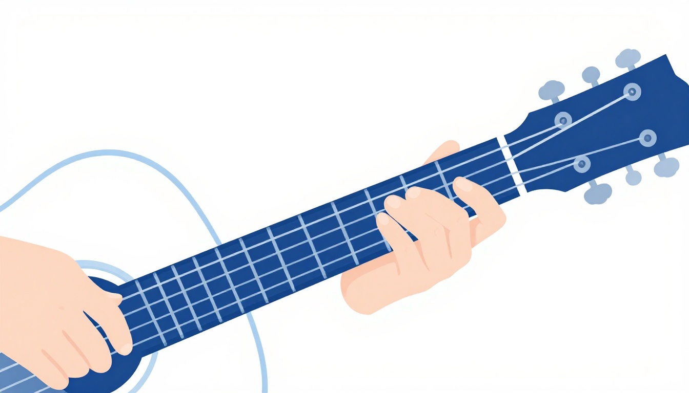 A close-up of a left hand fingering an open G major chord on an acoustic guitar neck