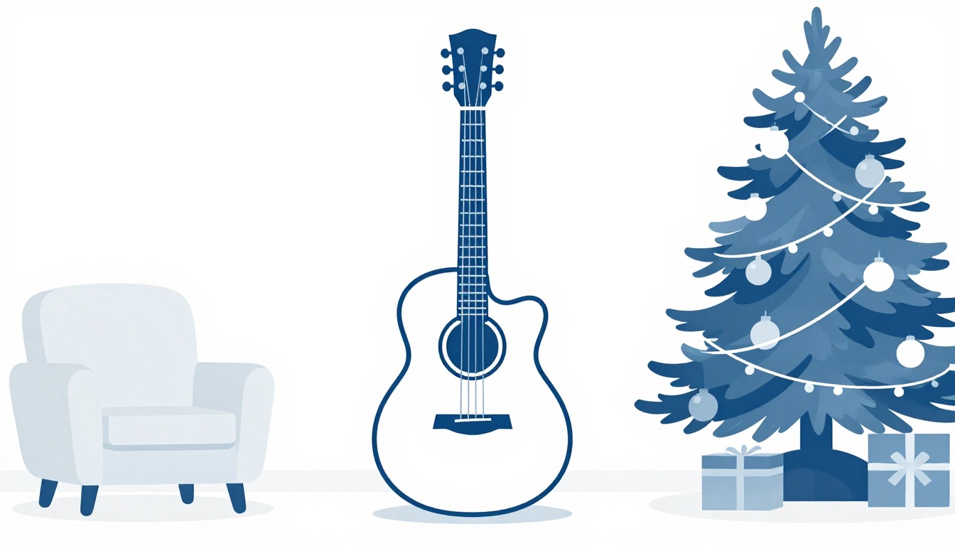 An acoustic guitar leaning against an armchair near a decorated Christmas tree in a living room