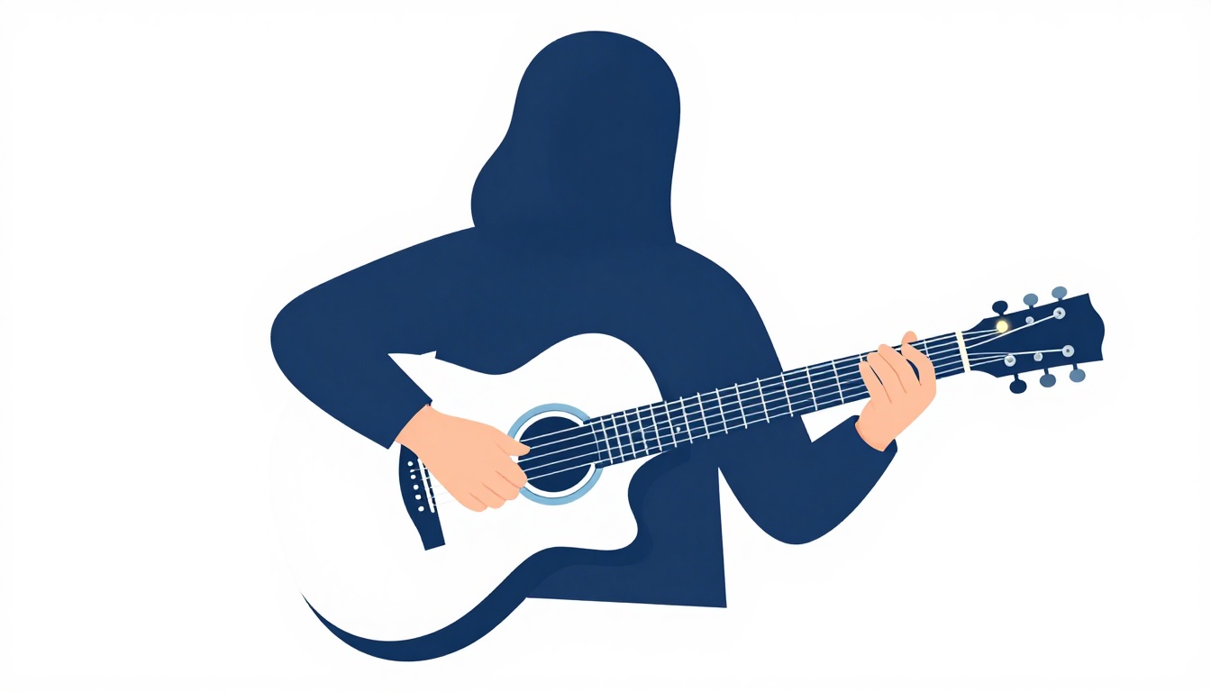 A hand strumming an acoustic guitar with a small string of warm holiday lights draped across the neck
