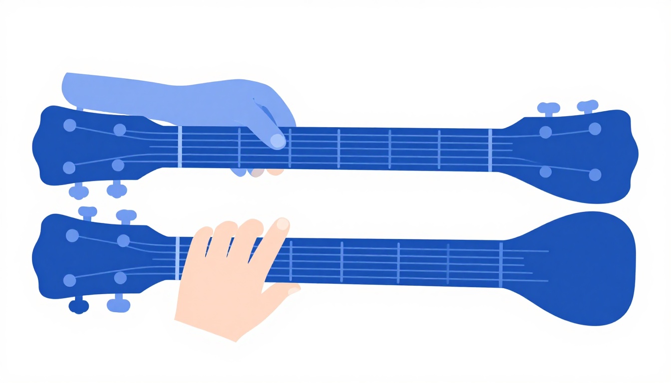 A left hand transitioning between two open chord shapes on an acoustic guitar neck