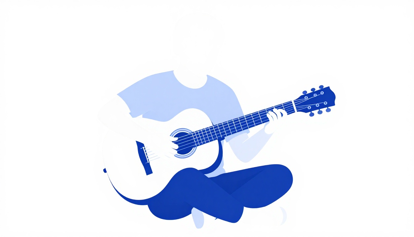 A person sitting with an acoustic guitar in a quiet room, focused on practicing a chord change
