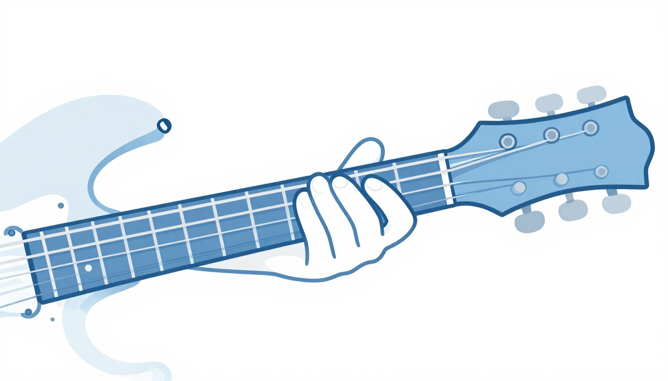 A close up of a fretting hand barring a shape flat across the bottom three strings of an electric guitar neck