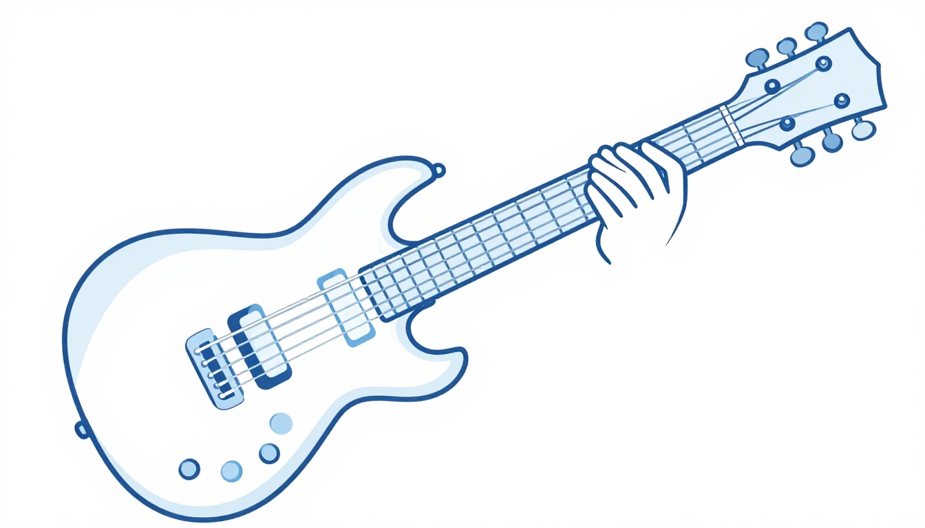 A hand dragging a guitar pick along the wound bass strings near the bridge