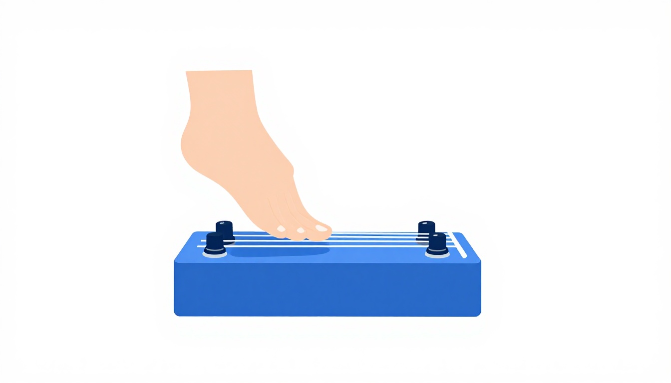 A hand pressing down on a floor-mounted guitar effects pedal with the foot