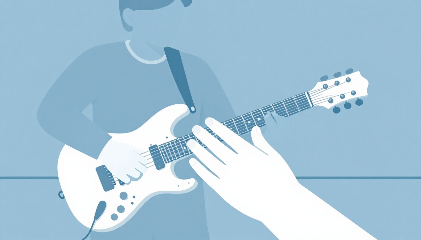 A hand practicing a power chord shape slowly on an electric guitar neck