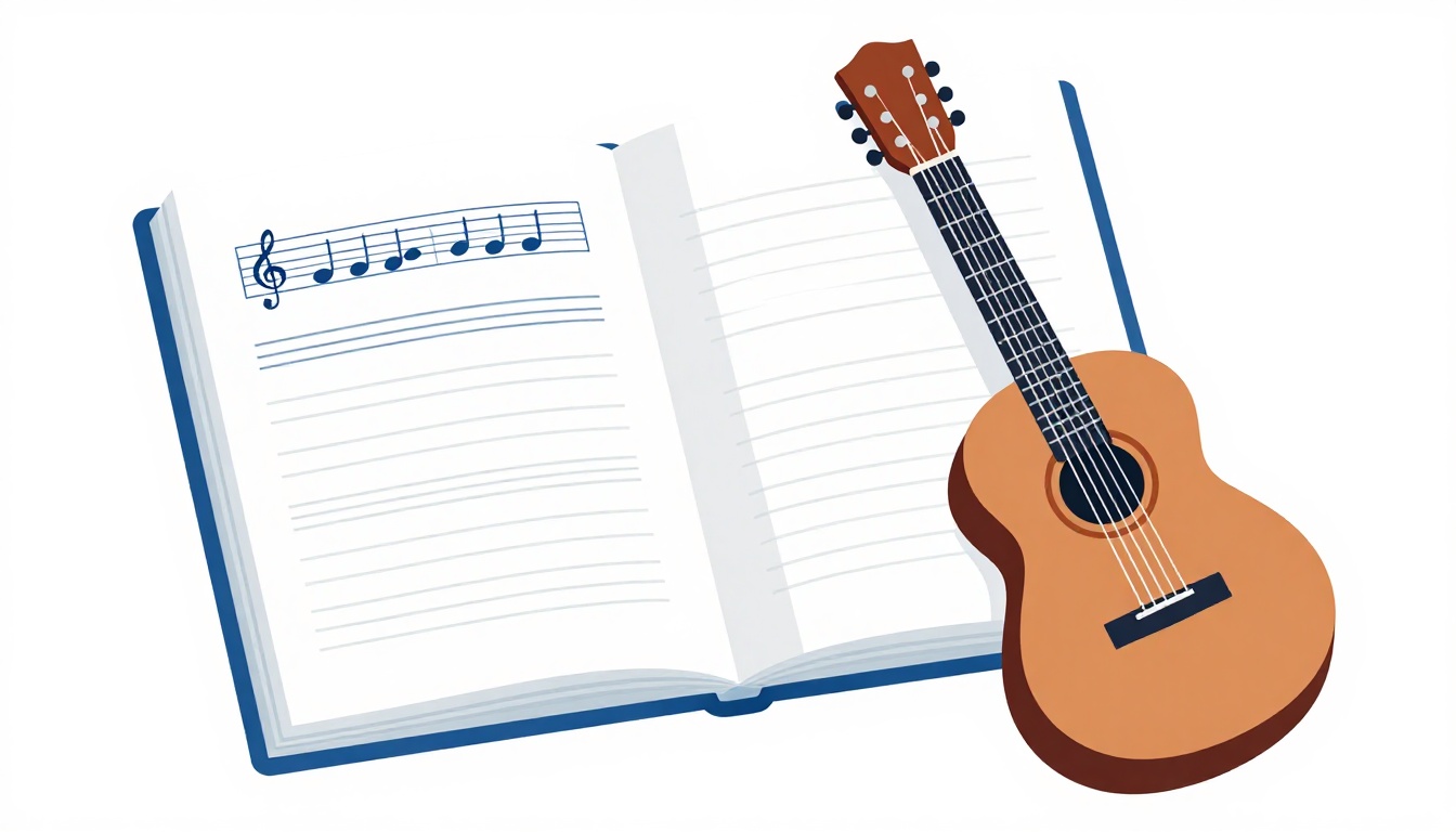An open notebook with handwritten sheet music resting beside an acoustic guitar
