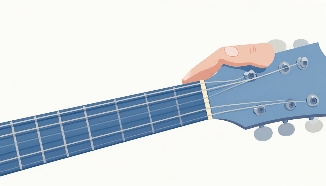 A close up of a finger lightly brushing an adjacent string while fretting a chord
